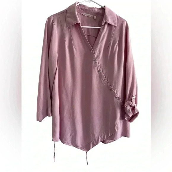 Soft Surroundings Pink Tencel Tunic Crossover Collared Long Sleeve Top 2AH51 - Picture 1 of 9